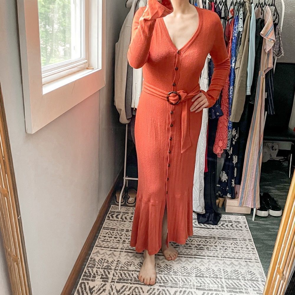 Anthropologie Elsa Ribbed Maxi Sweater Dress Orange Rust S
